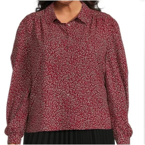 CeCe Puff Long Sleeve Button-Down Floral Blouse Top | Plus 1X, Mulberry Red - Picture 1 of 4